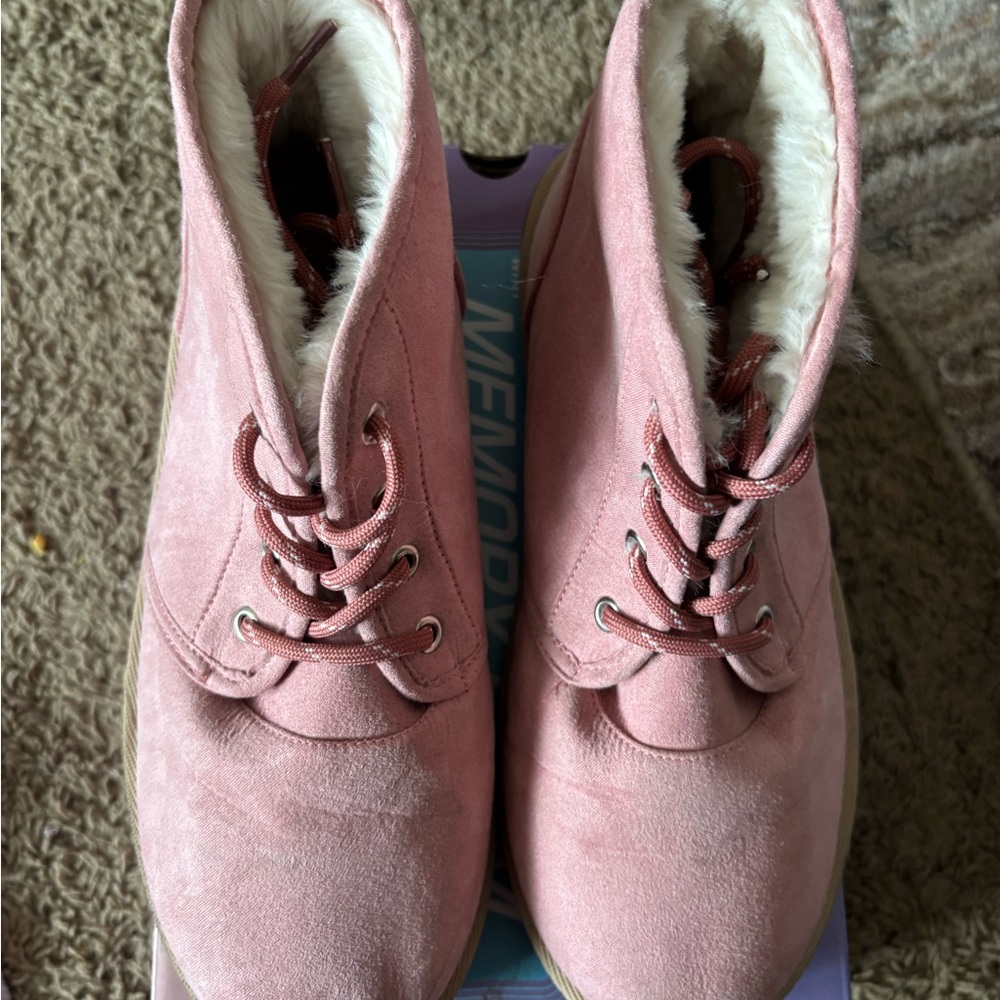 Pink boots with ties and fur inside worn one time